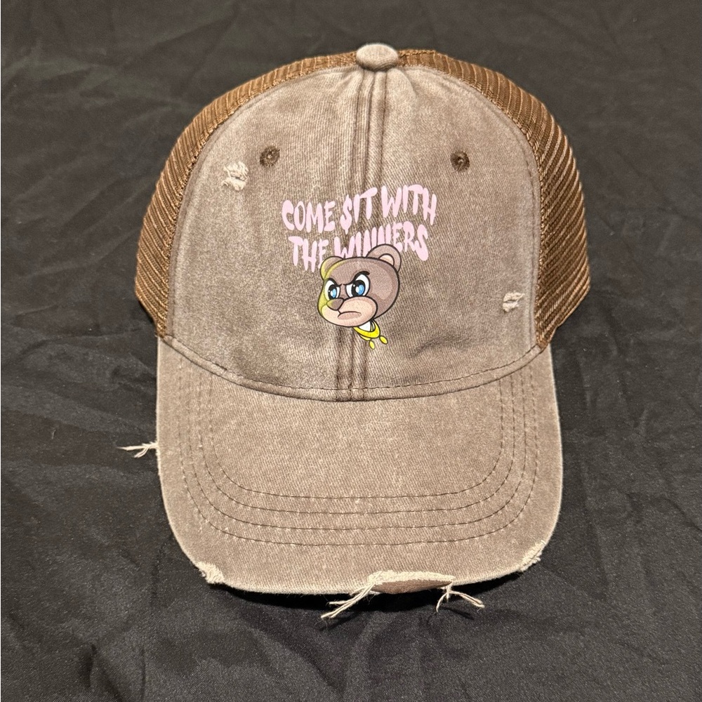 Brown Distressed Cap with a stylish bear  and pink graphic logos Design.
